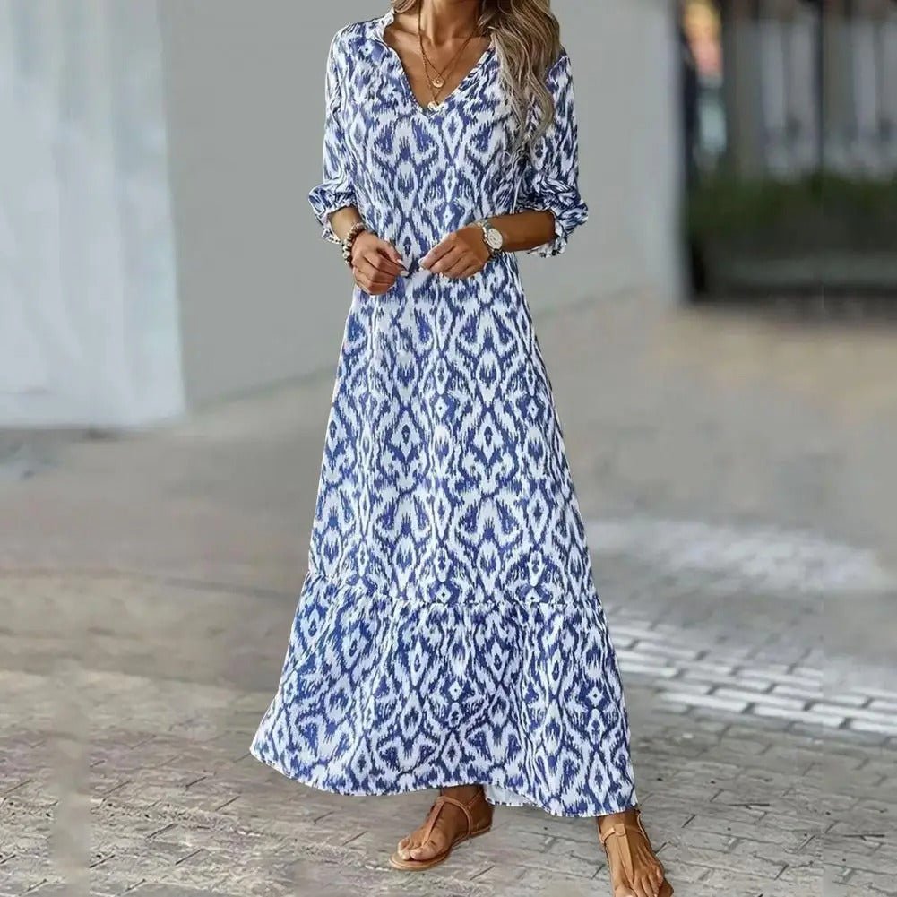 Women's Boho Ikat-Print V-Neck 3/4-Sleeve Maxi Dresses