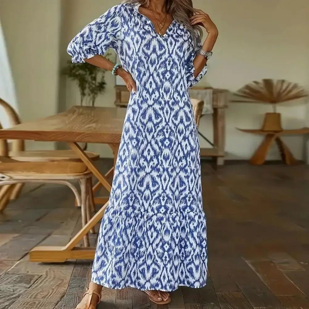 Women's Boho Ikat-Print V-Neck 3/4-Sleeve Maxi Dresses