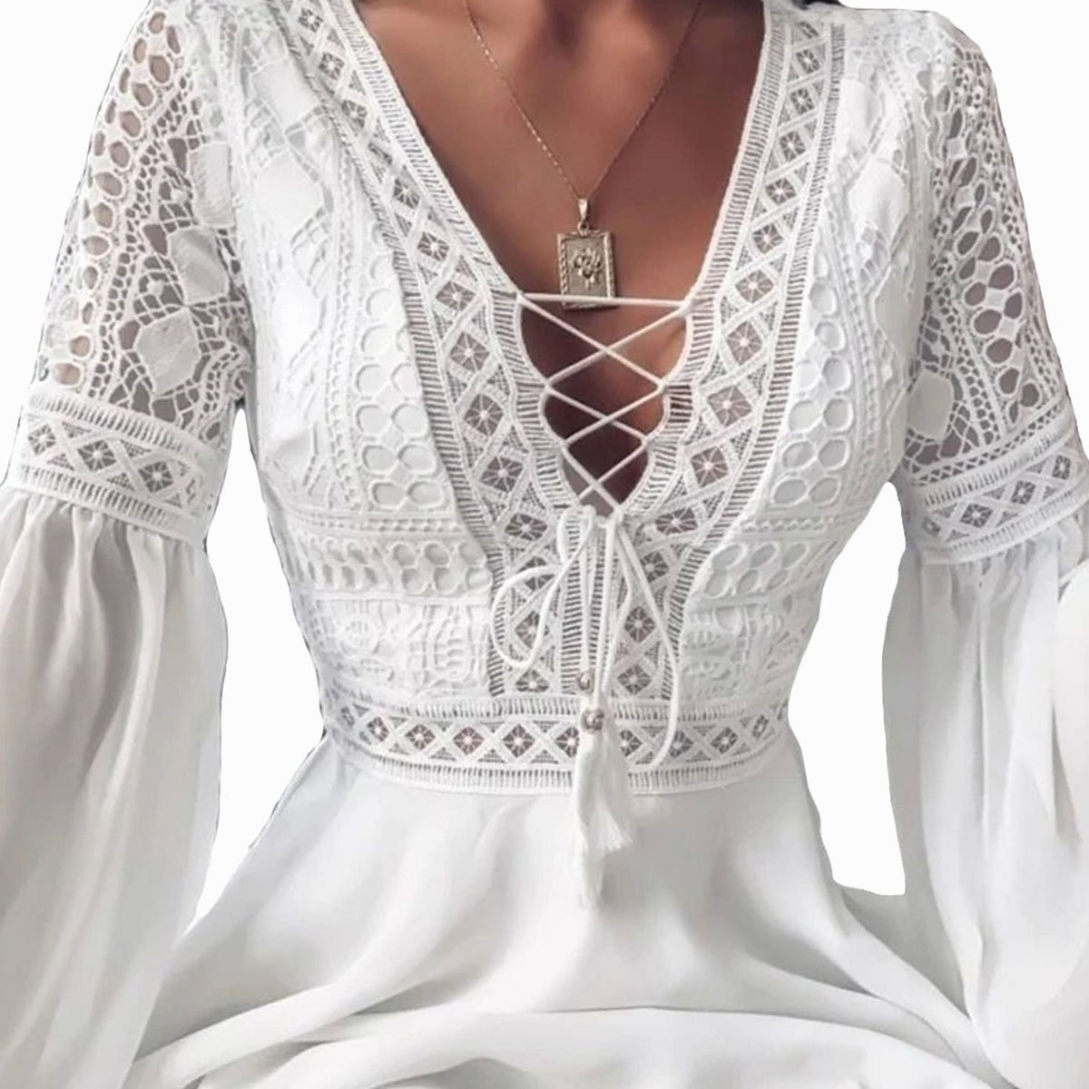 Women's Boho Lace V-Neck Flare-Sleeve Wedding Guest Mini Dress - White