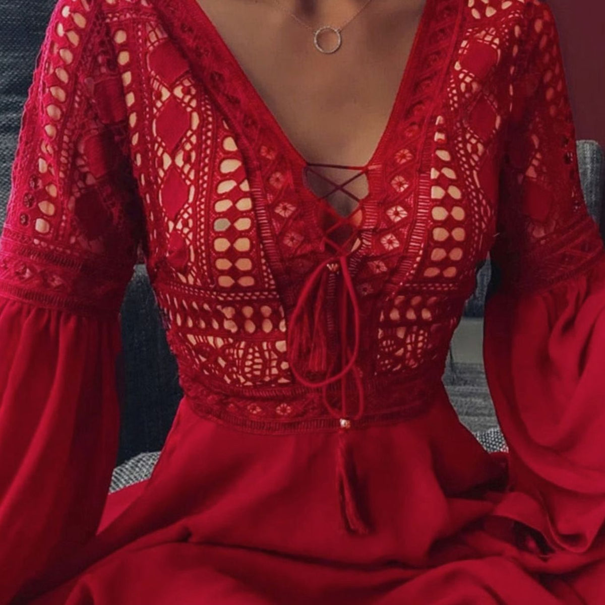 Women's Boho Lace V-Neck Flare-Sleeve Wedding Guest Mini Dress - Red