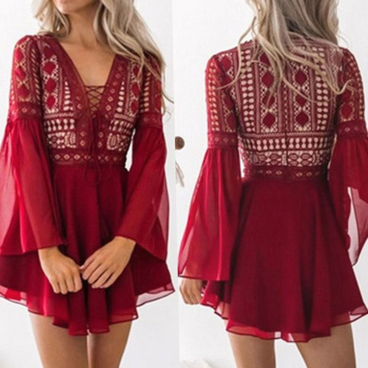 Women's Boho Lace V-Neck Flare-Sleeve Wedding Guest Mini Dress