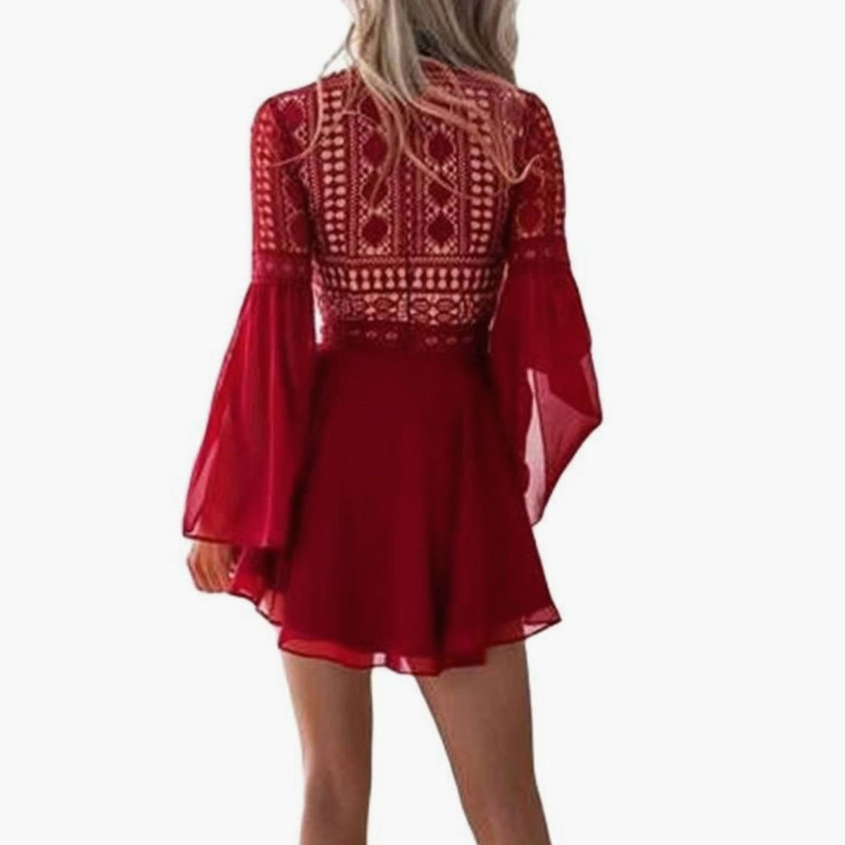 Women's Boho Lace V-Neck Flare-Sleeve Wedding Guest Mini Dress