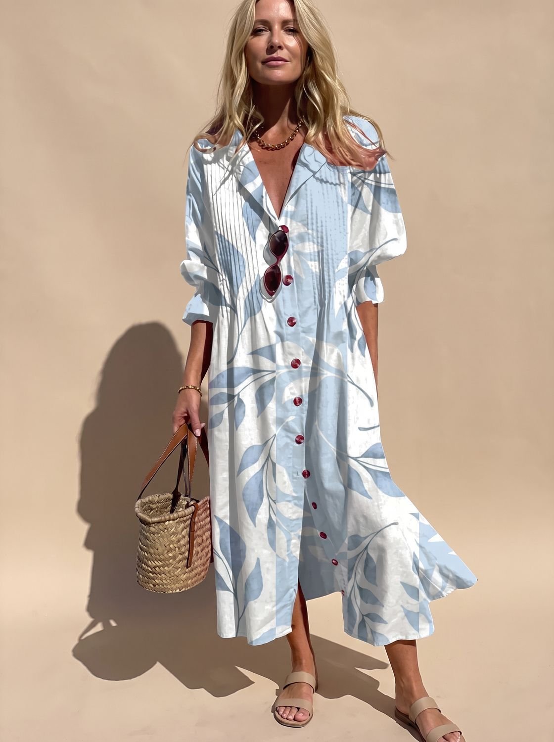 Women's Boho Leaf-Print Button-Front Half-Sleeve Midi Dress - Sky Blue