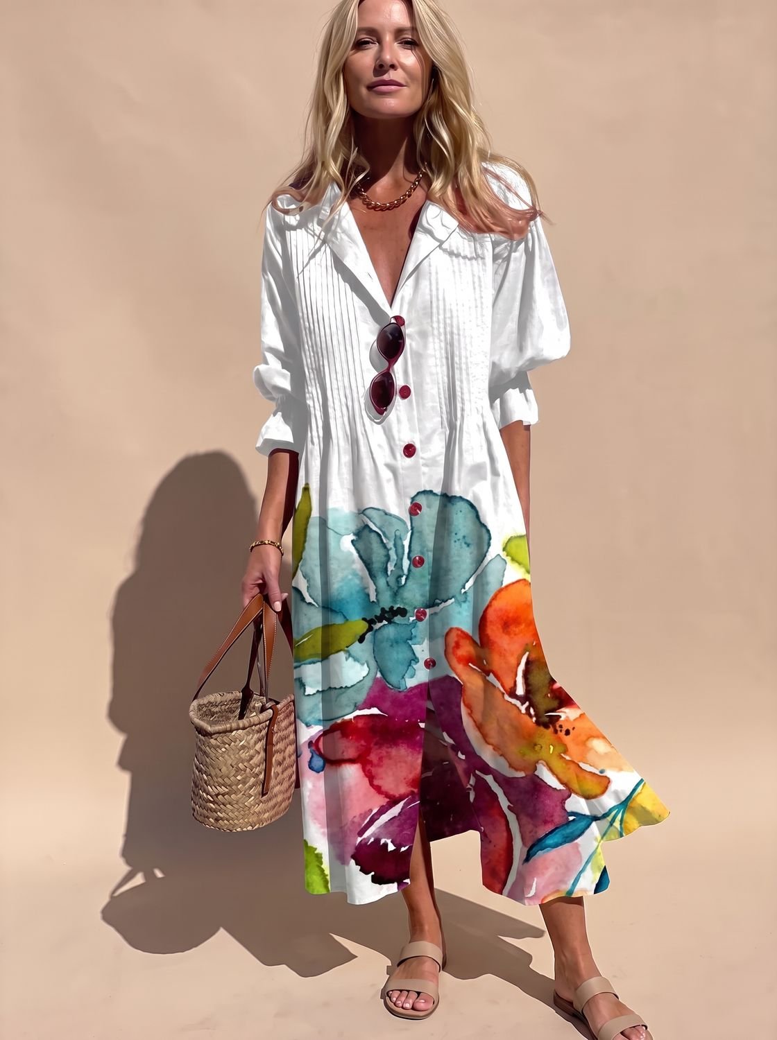 Women's Boho Leaf-Print Button-Front Half-Sleeve Midi Dress - White