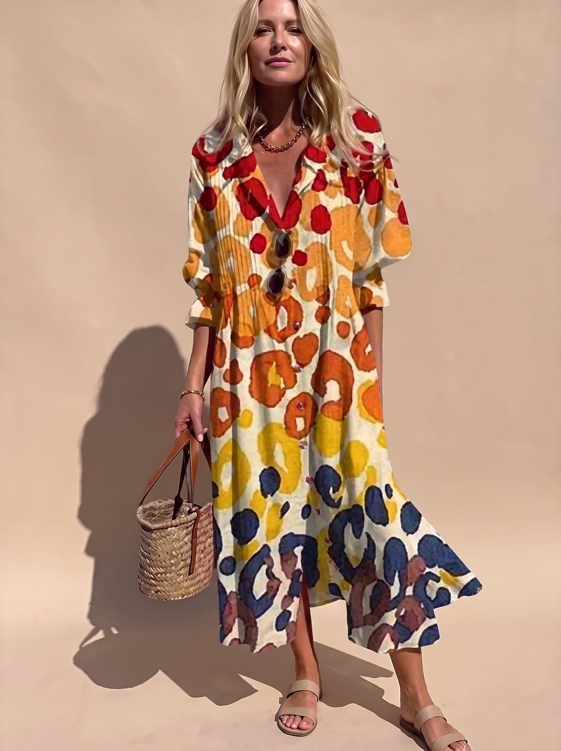 Women's Boho Leaf-Print Button-Front Half-Sleeve Midi Dress - Yellow