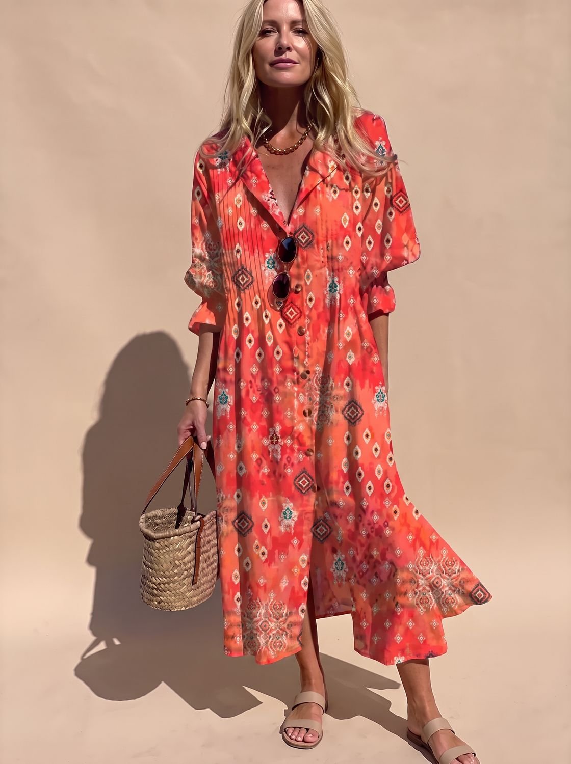 Women's Boho Leaf-Print Button-Front Half-Sleeve Midi Dress - Rouge Red