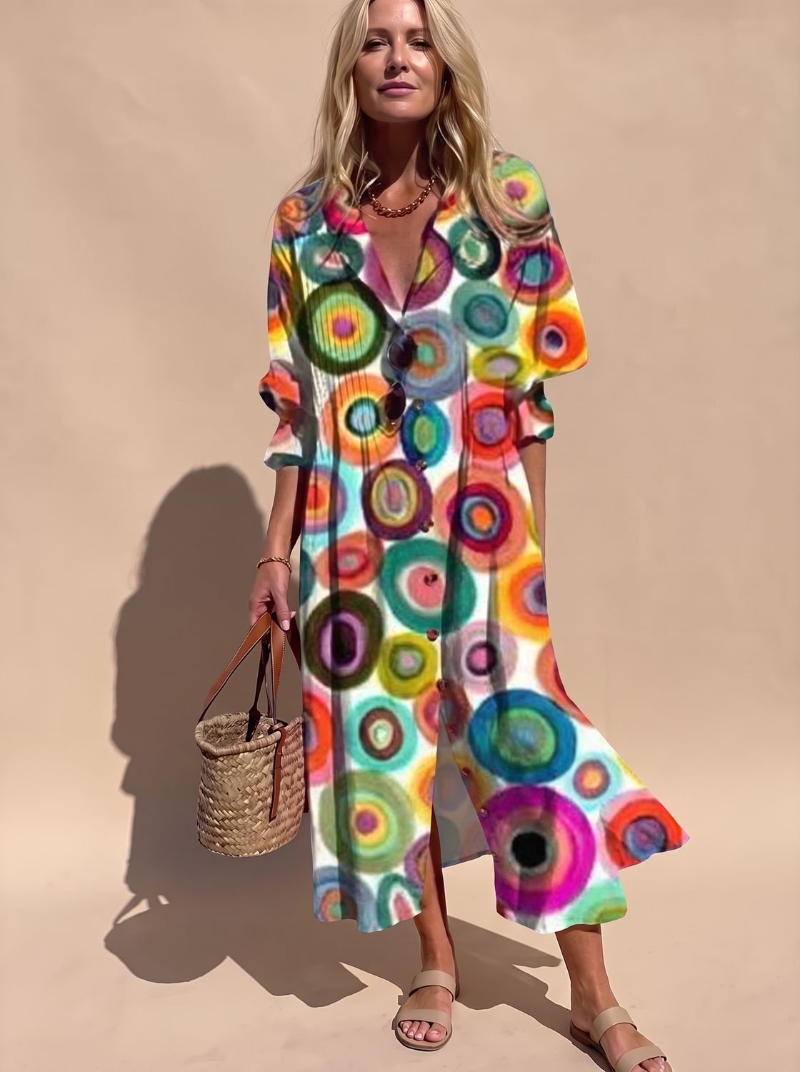 Women's Boho Leaf-Print Button-Front Half-Sleeve Midi Dress - Multicolour 2