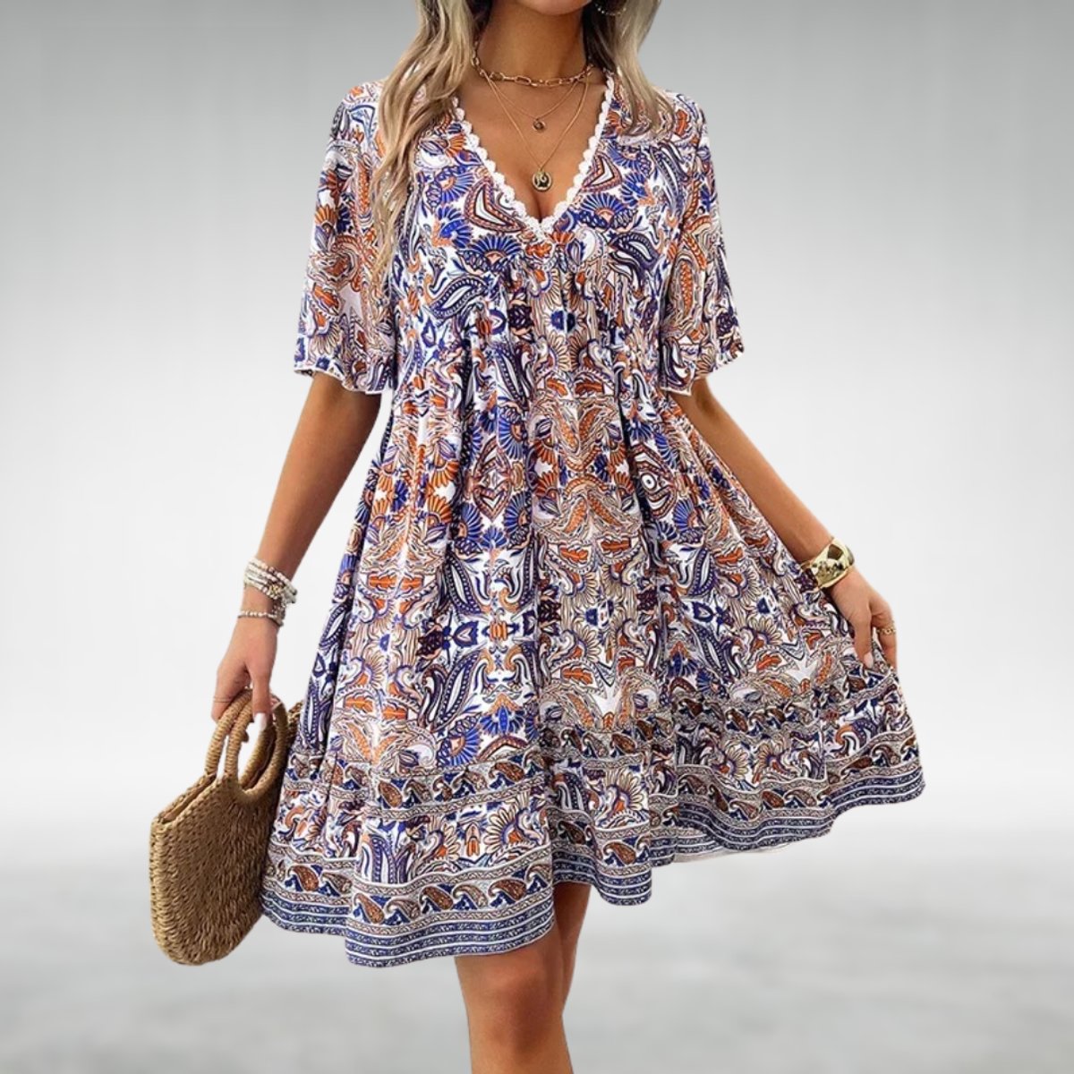 Women's Boho Paisley V-Neck Formal & Evening Dress Babydoll - Blue