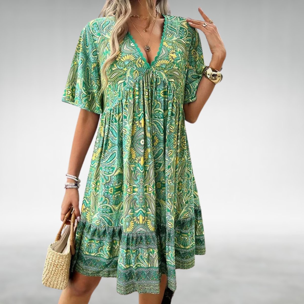 Women's Boho Paisley V-Neck Formal & Evening Dress Babydoll - Green