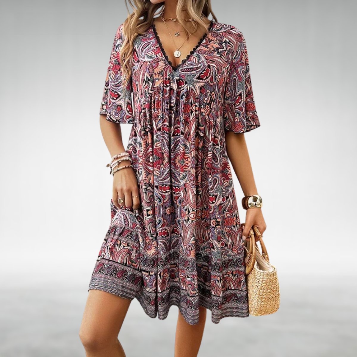 Women's Boho Paisley V-Neck Formal & Evening Dress Babydoll - Red