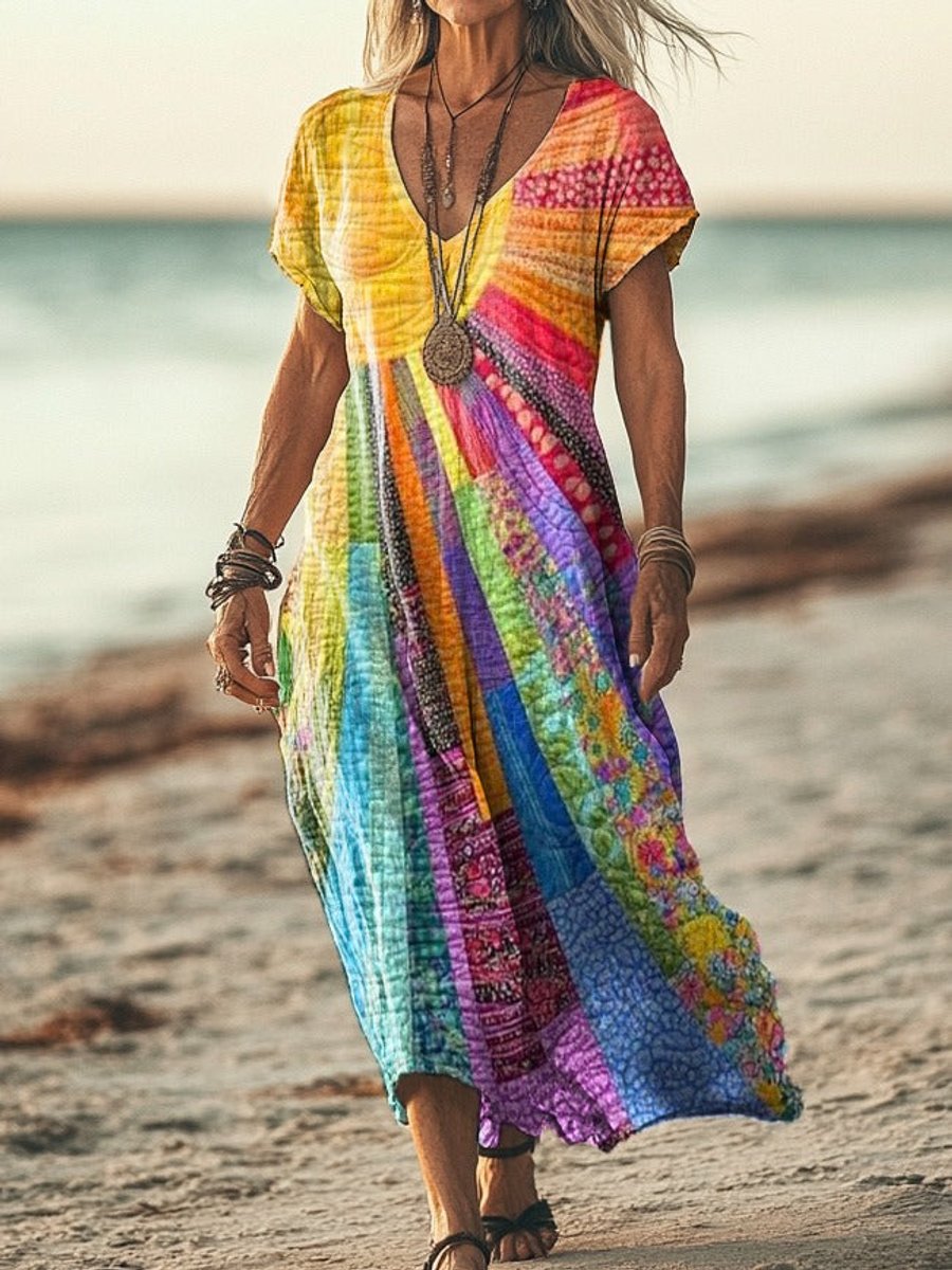 Women's Boho Patchwork Long-Sleeve V Neck Dress