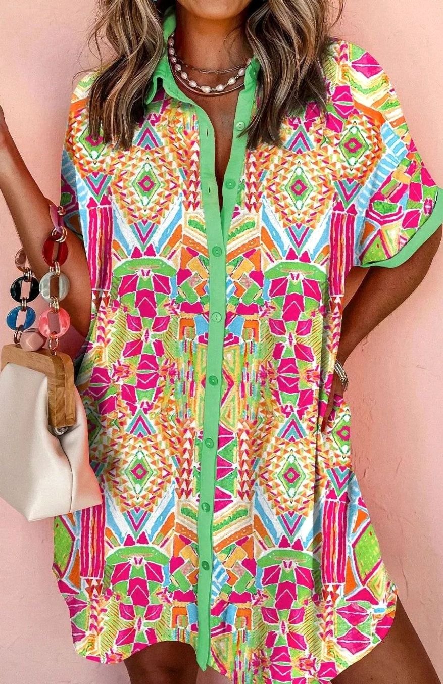 Women's Boho Print Button-Down Short Sleeve Shirt Dress