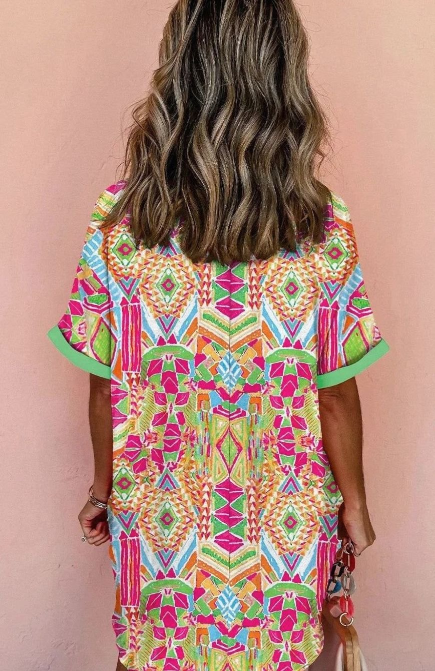 Women's Boho Print Button-Down Short Sleeve Shirt Dress