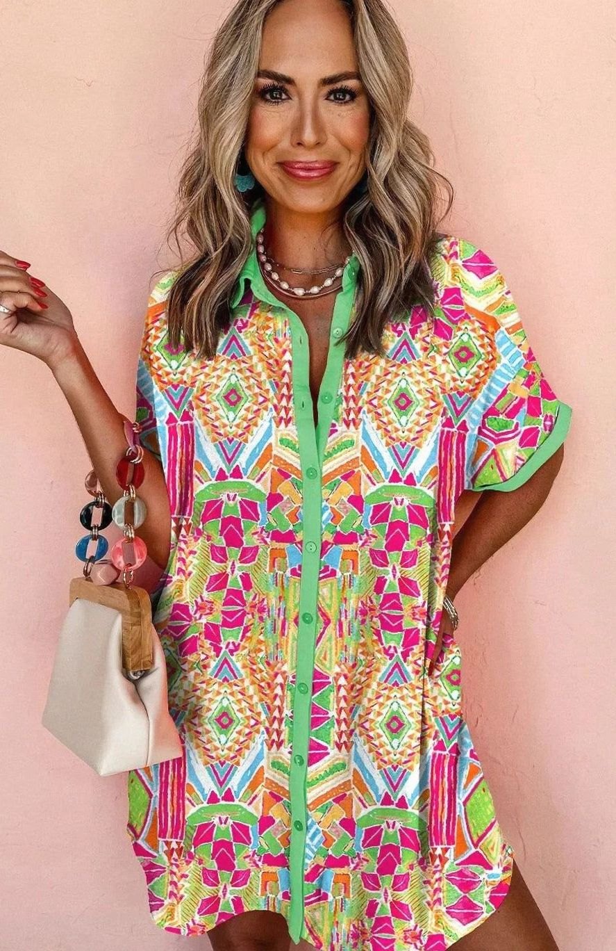 Women's Boho Print Button-Down Short Sleeve Shirt Dress