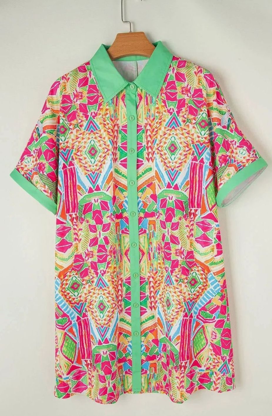 Women's Boho Print Button-Down Short Sleeve Shirt Dress