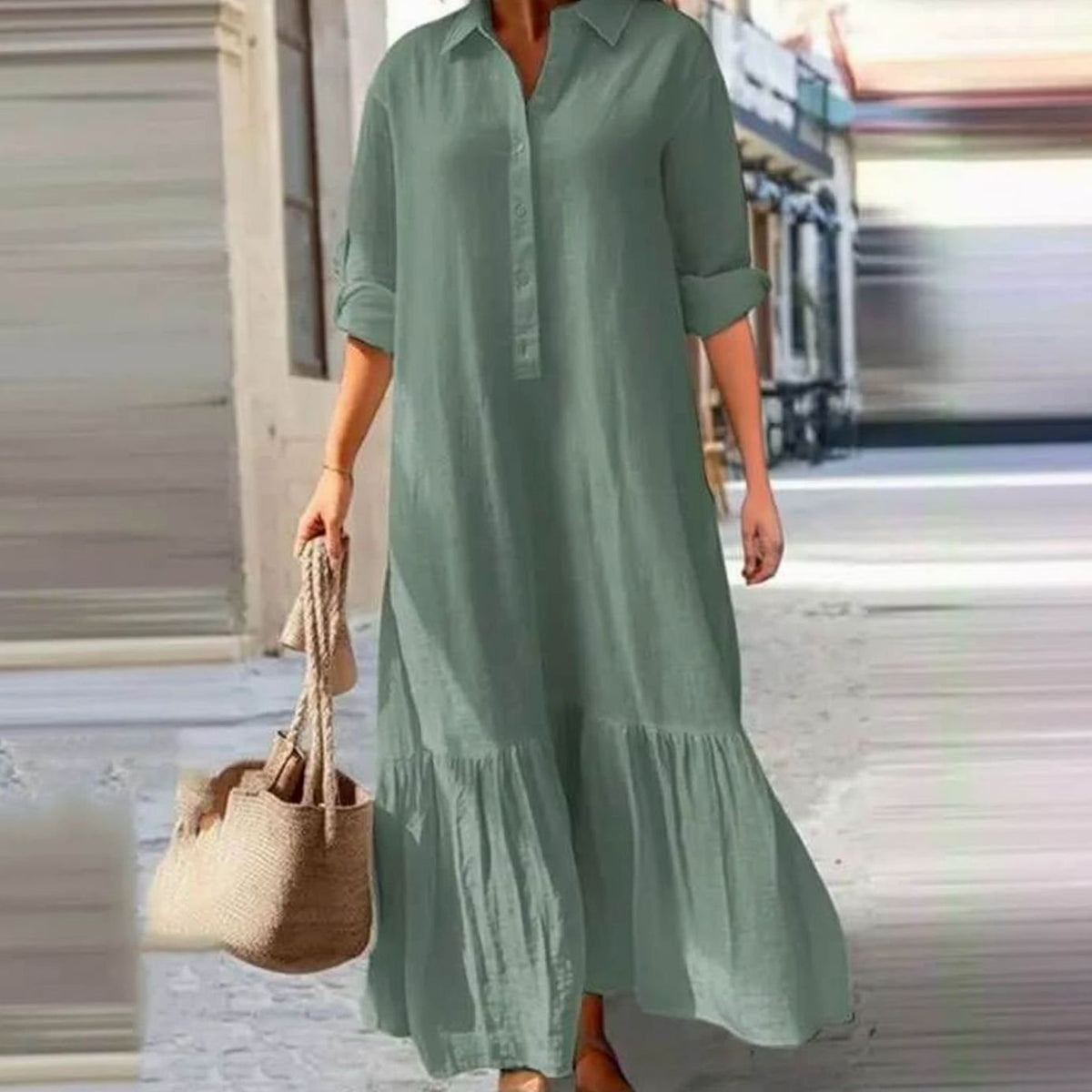 Women's Boho Summer Maxi Dress Button-Down Collar Relaxed Fit - Green