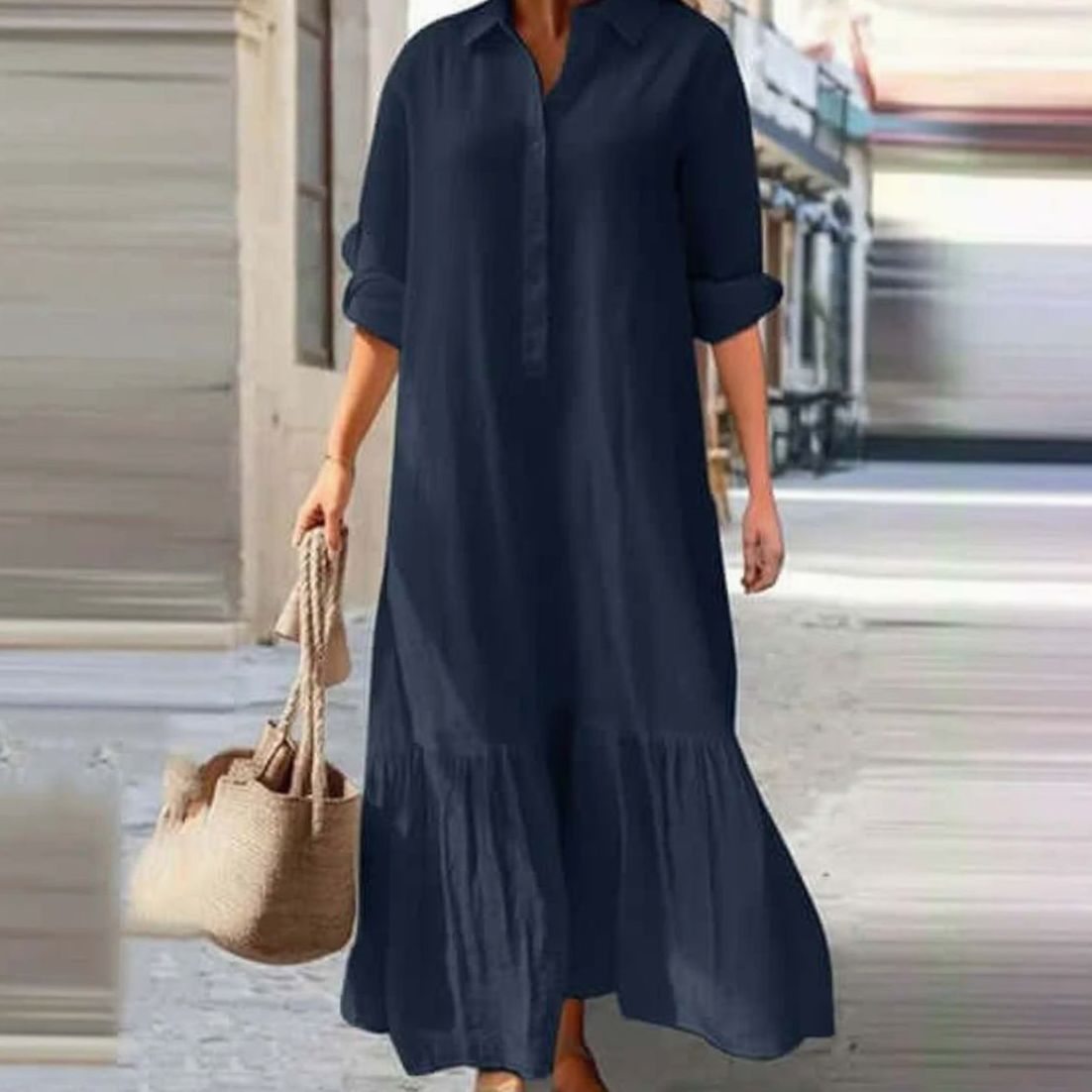 Women's Boho Summer Maxi Dress Button-Down Collar Relaxed Fit - Navy Blue