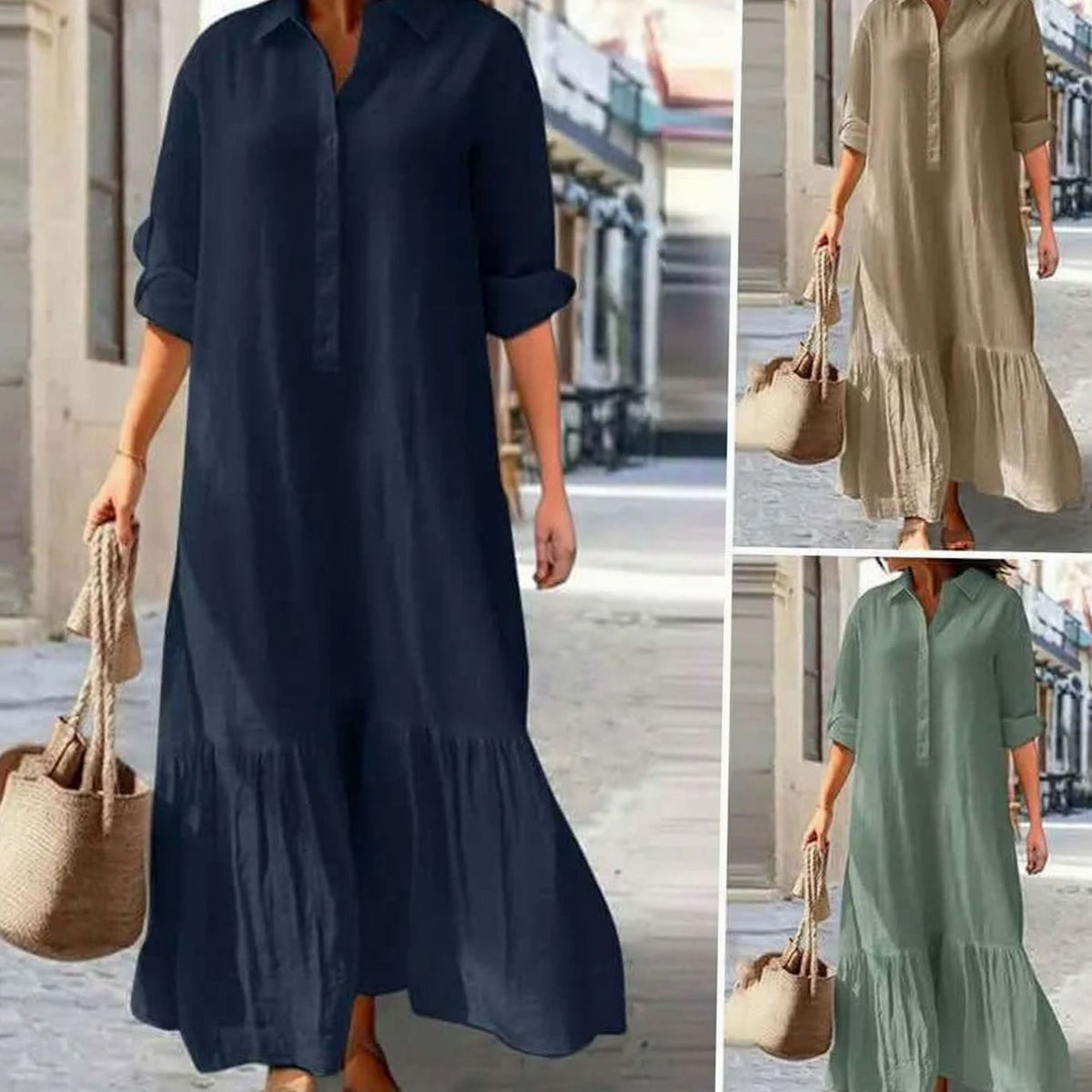 Women's Boho Summer Maxi Dress Button-Down Collar Relaxed Fit