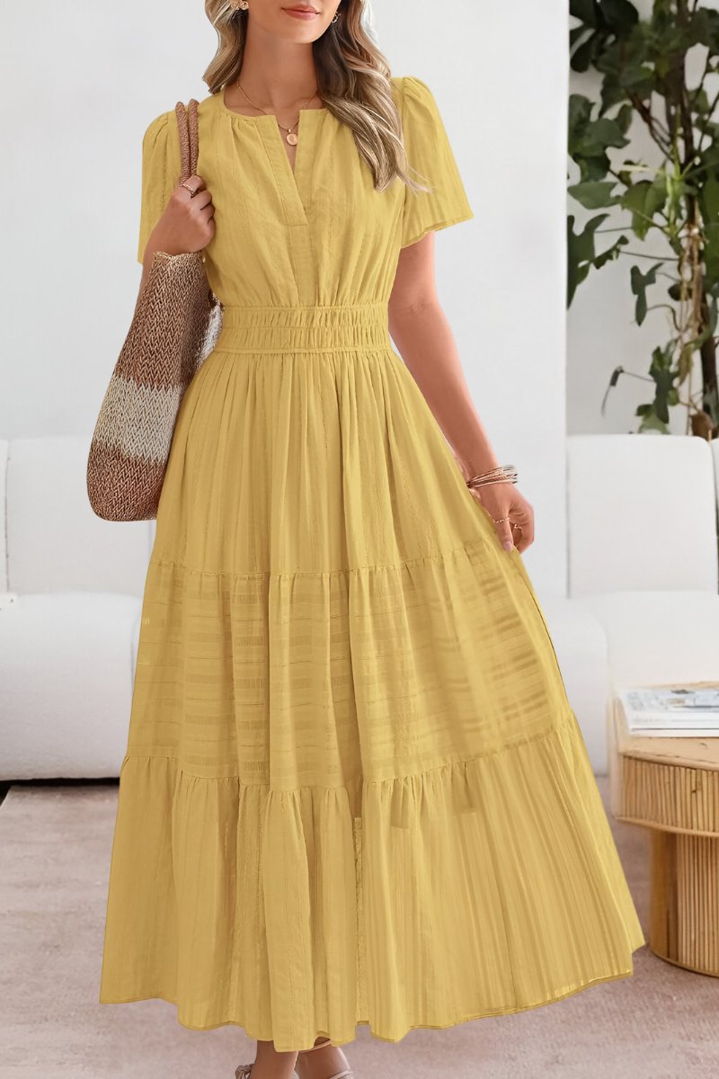 Women's Boho Tiered Maxi Summer Dress Flutter Sleeve Smocked Waist - Yellow