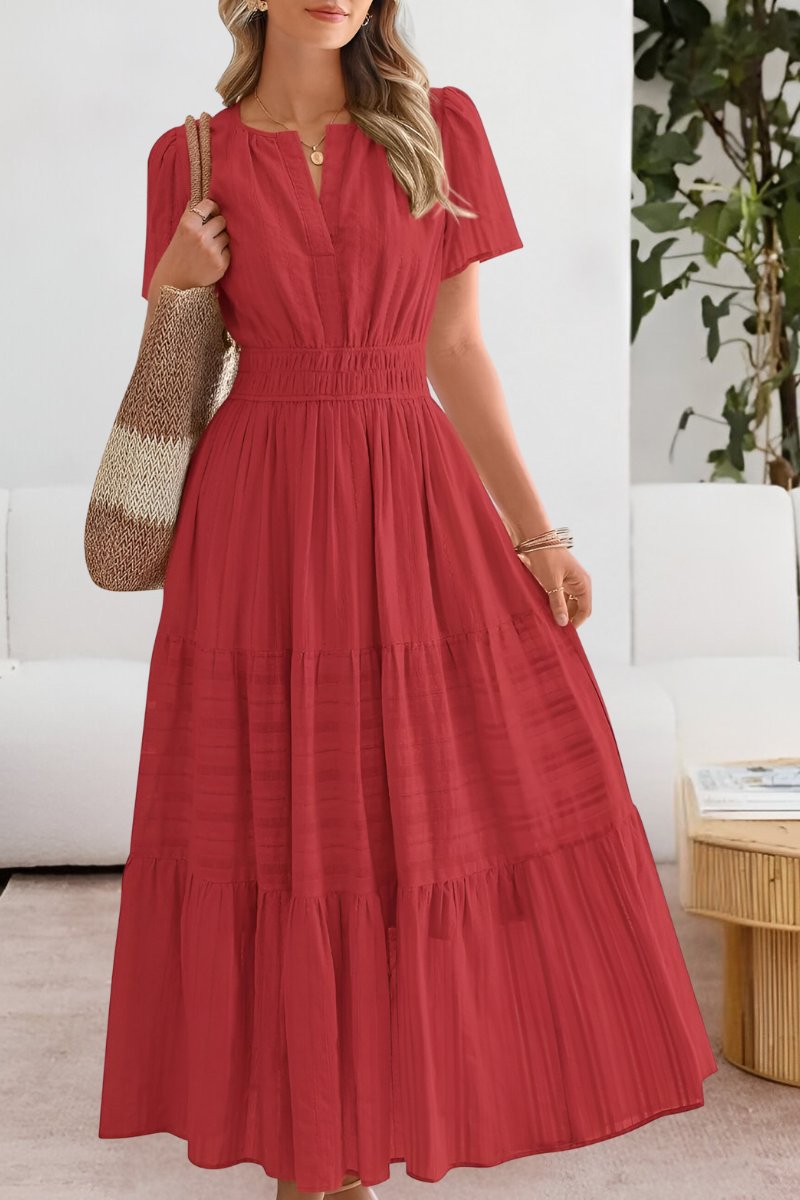 Women's Boho Tiered Maxi Summer Dress Flutter Sleeve Smocked Waist - Red
