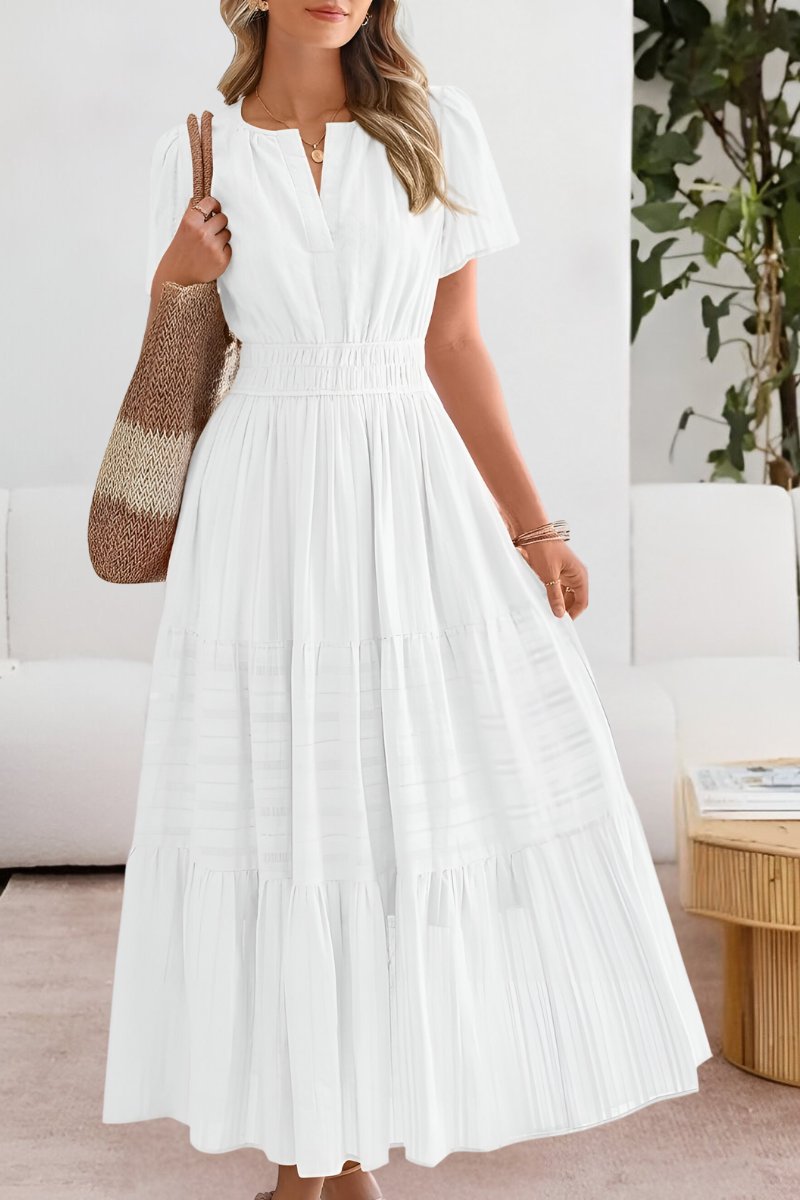 Women's Boho Tiered Maxi Summer Dress Flutter Sleeve Smocked Waist - White