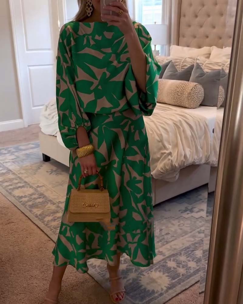 Women's Botanical Print Lantern Sleeve Two-Piece Set - Green