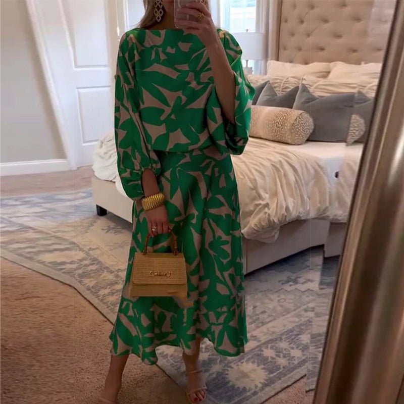 Women's Botanical Print Lantern Sleeve Two-Piece Set