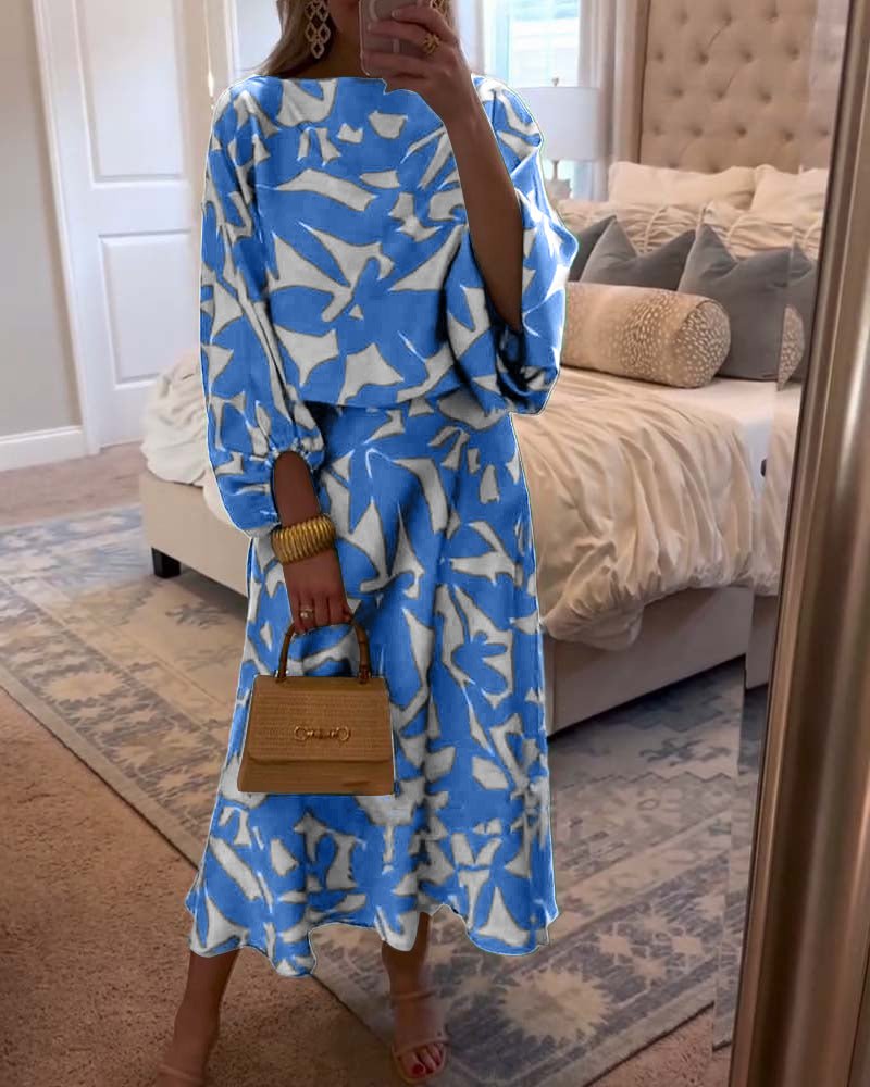 Women's Botanical Print Lantern Sleeve Two-Piece Set - Blue