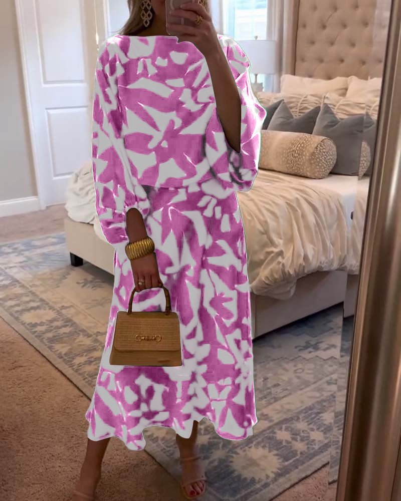 Women's Botanical Print Lantern Sleeve Two-Piece Set - Pink