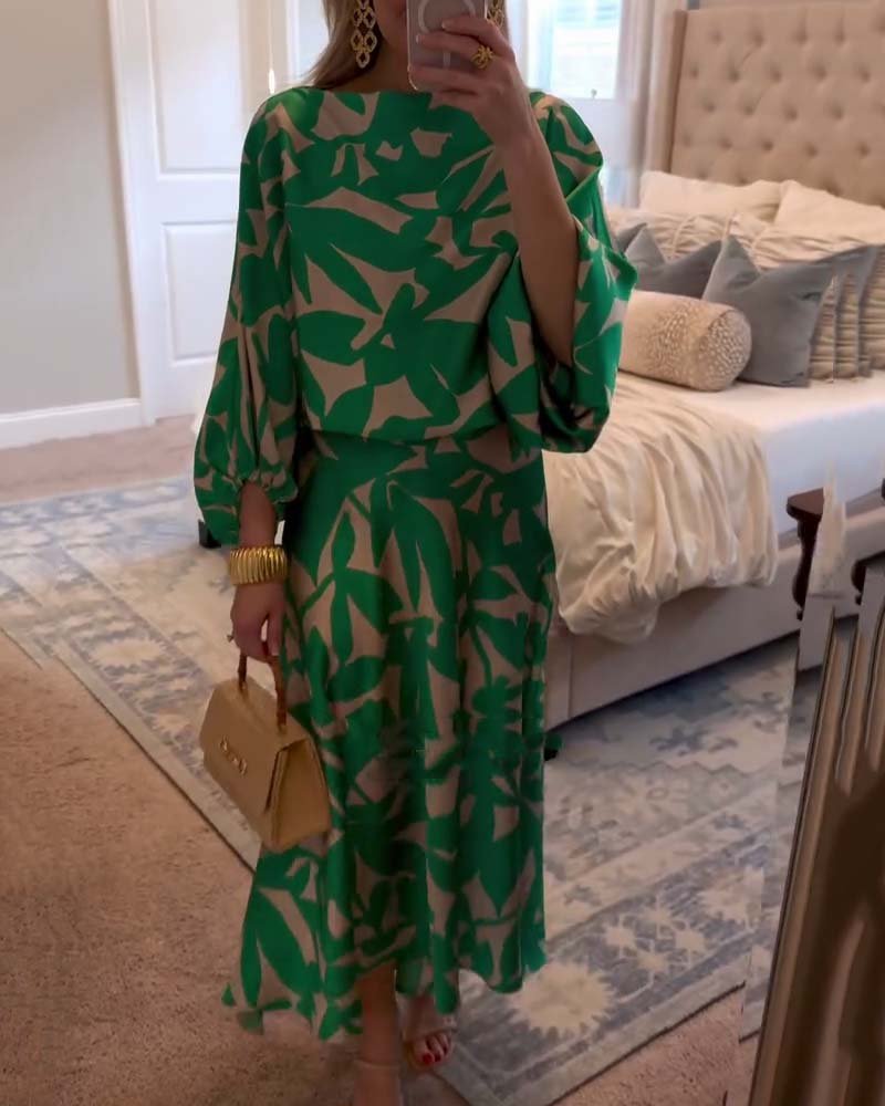 Women's Botanical Print Lantern Sleeve Two-Piece Set