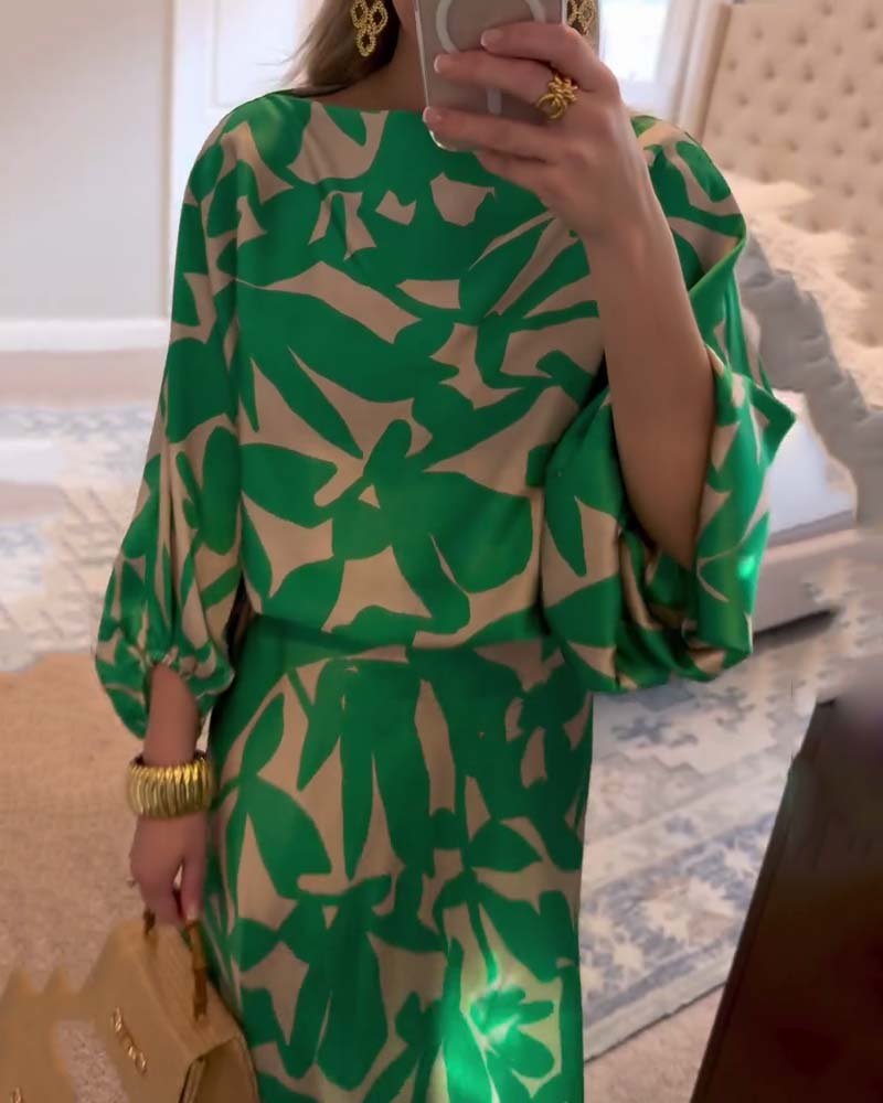 Women's Botanical Print Lantern Sleeve Two-Piece Set