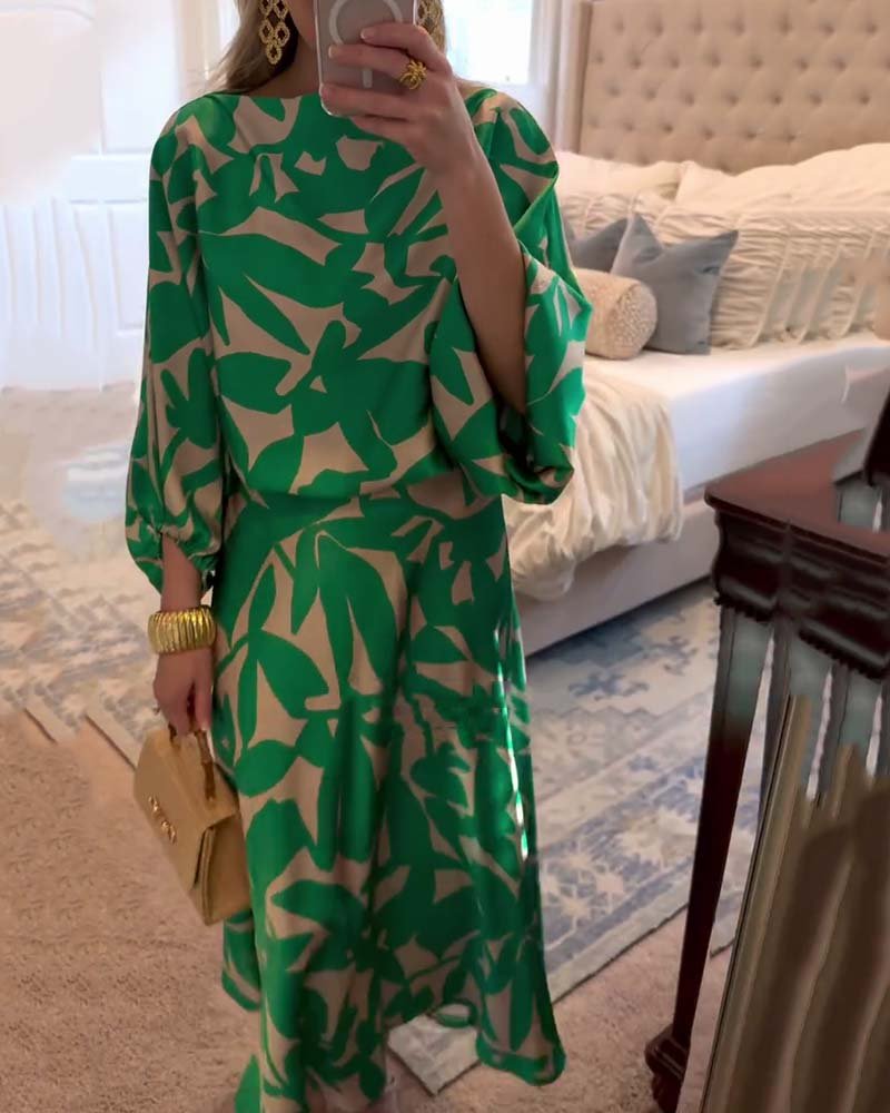 Women's Botanical Print Lantern Sleeve Two-Piece Set