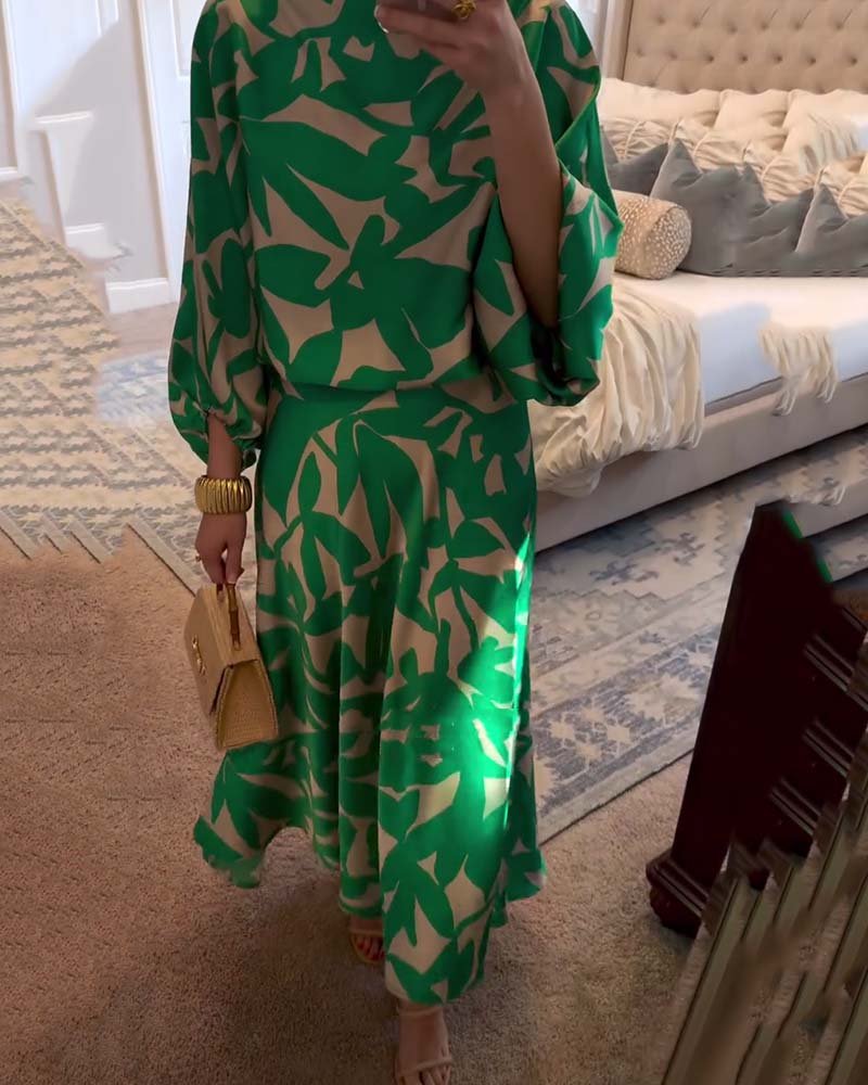 Women's Botanical Print Lantern Sleeve Two-Piece Set