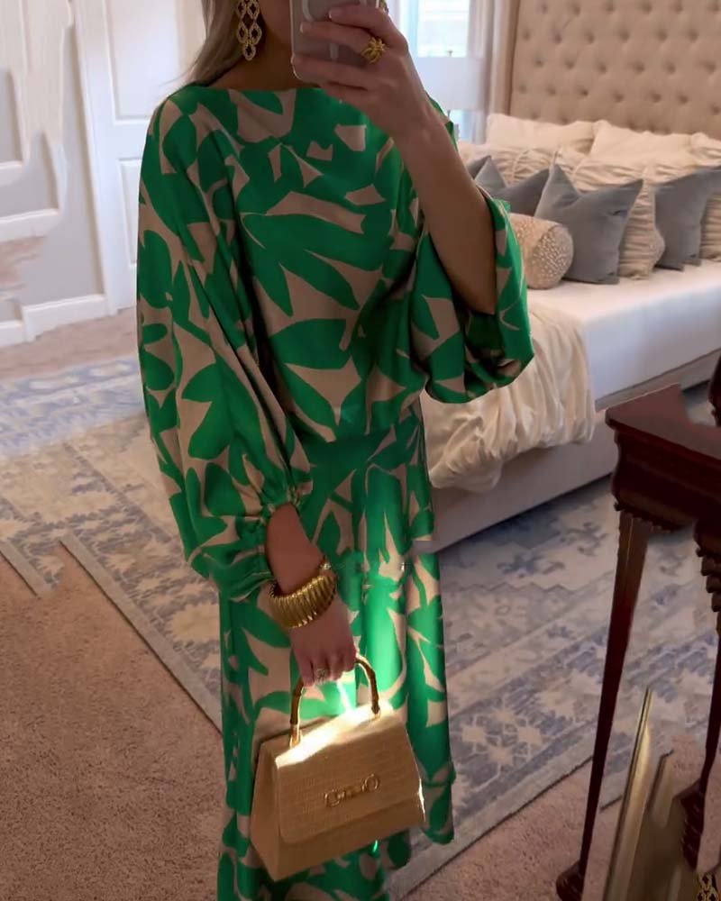 Women's Botanical Print Lantern Sleeve Two-Piece Set