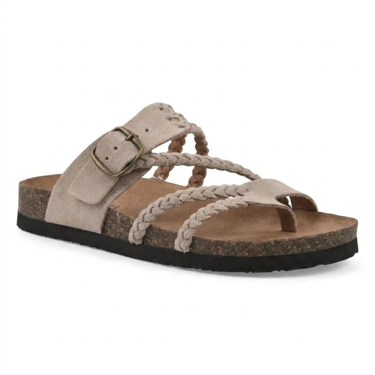 Women's Braided Suede Comfort Sandals Cork Footbed Toe-Loop - Beige