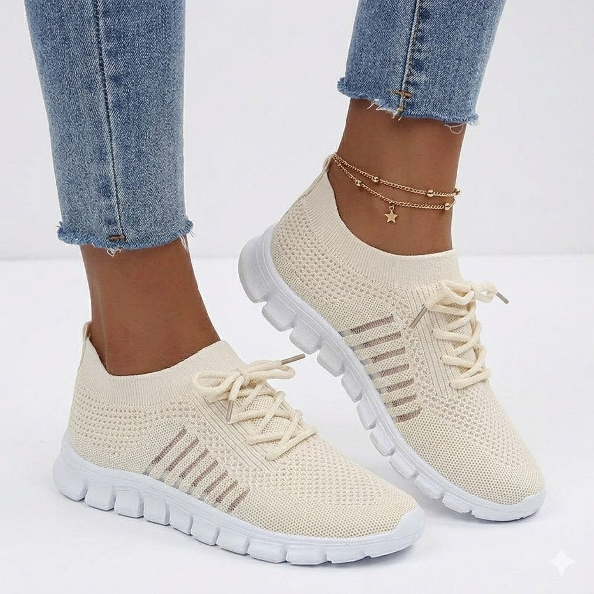 Women's Breathable Knit Lace-Up Comfort Sneakers - Beige