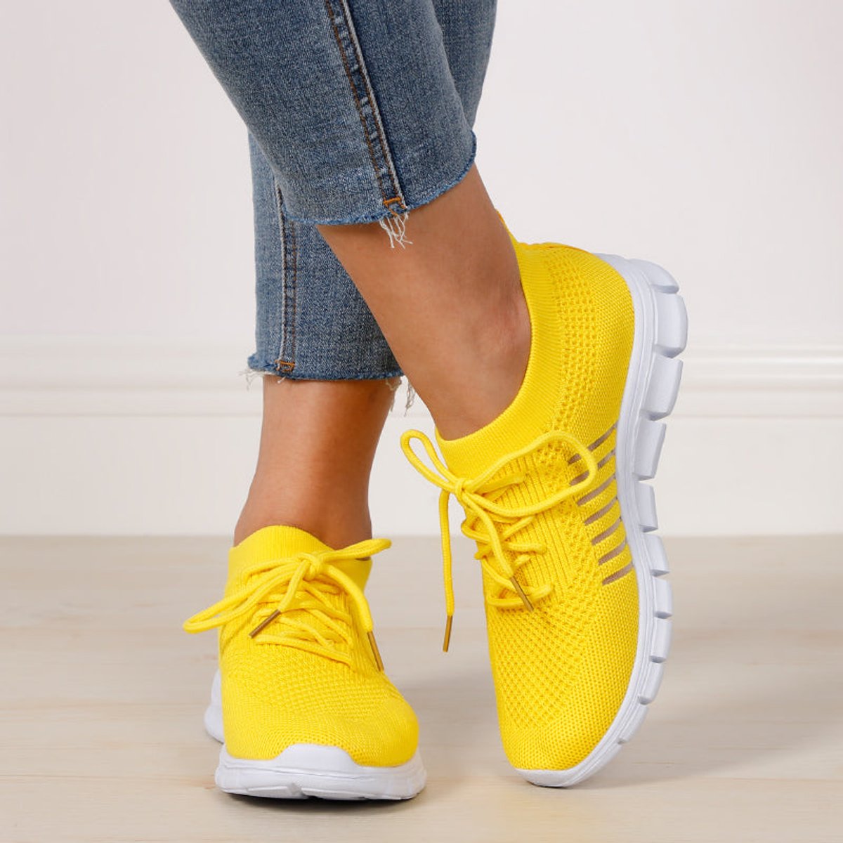 Women's Breathable Knit Lace-Up Comfort Sneakers - Yellow