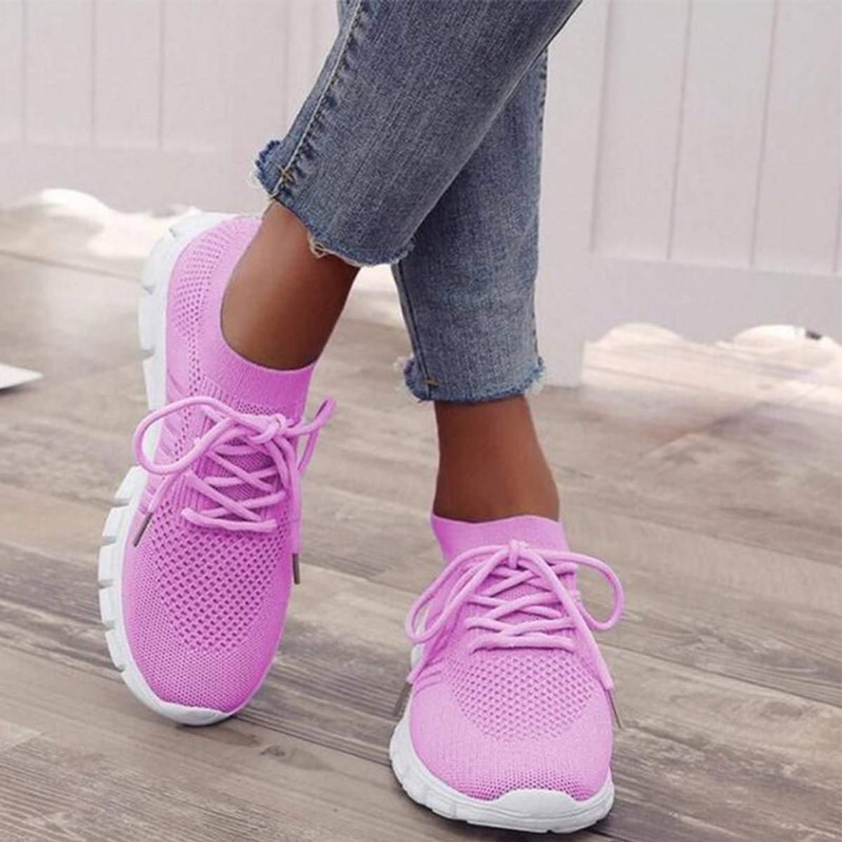 Women's Breathable Knit Lace-Up Comfort Sneakers - Purple