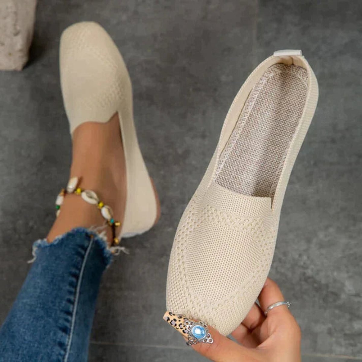 Women's Breathable Knit Slip-On Comfort Sneakers Lightweight Flat Loafers - Beige