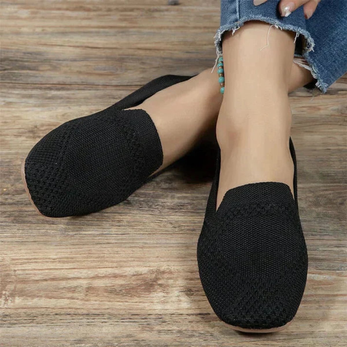 Women's Breathable Knit Slip-On Comfort Sneakers Lightweight Flat Loafers - Black