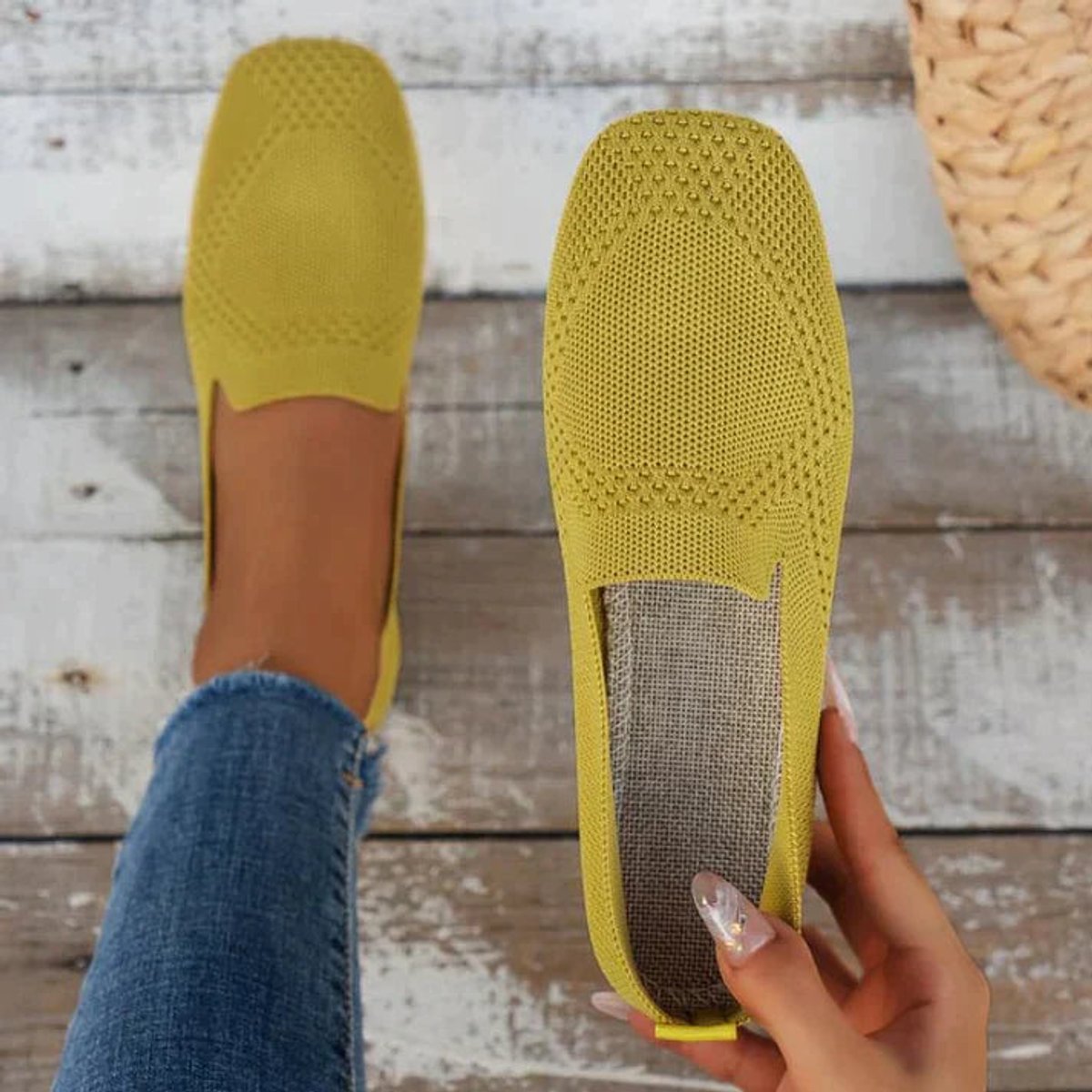 Women's Breathable Knit Slip-On Comfort Sneakers Lightweight Flat Loafers - Yellow