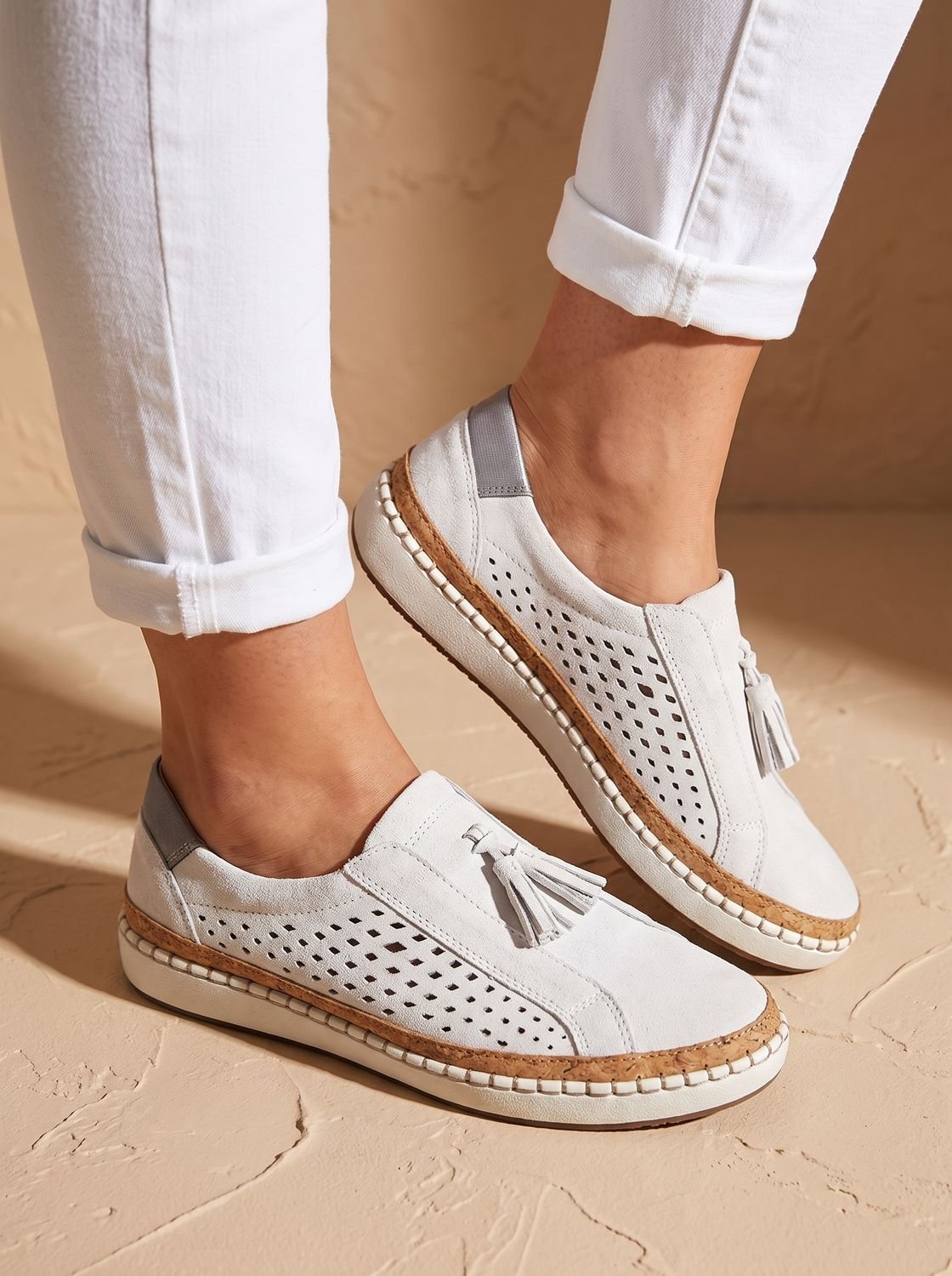 Women's Breathable Slip-On Loafers Tassel Cutout Suede Sneakers - White