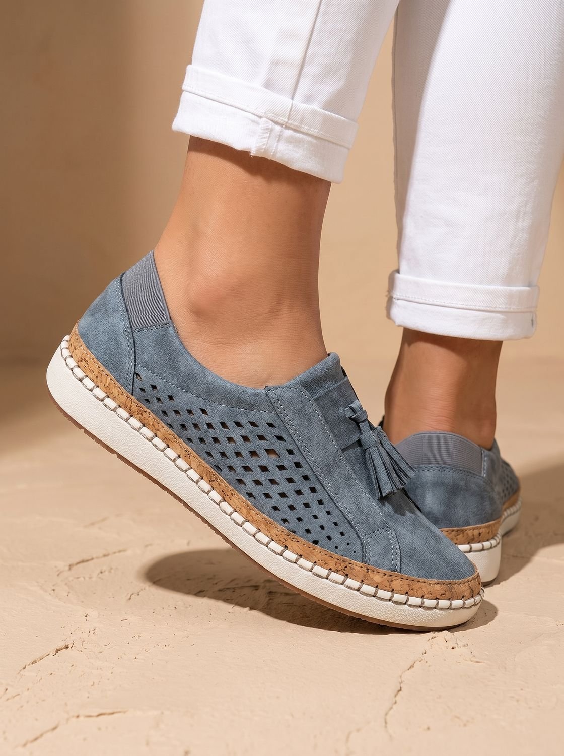 Women's Breathable Slip-On Loafers Tassel Cutout Suede Sneakers - Navy