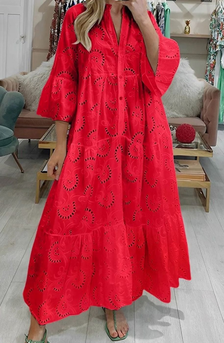 Women's Broderie Anglaise Three-Quarter Sleeve V-Neck Tiered Maxi Dress - Red