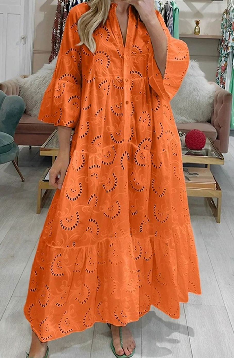 Women's Broderie Anglaise Three-Quarter Sleeve V-Neck Tiered Maxi Dress - Orange