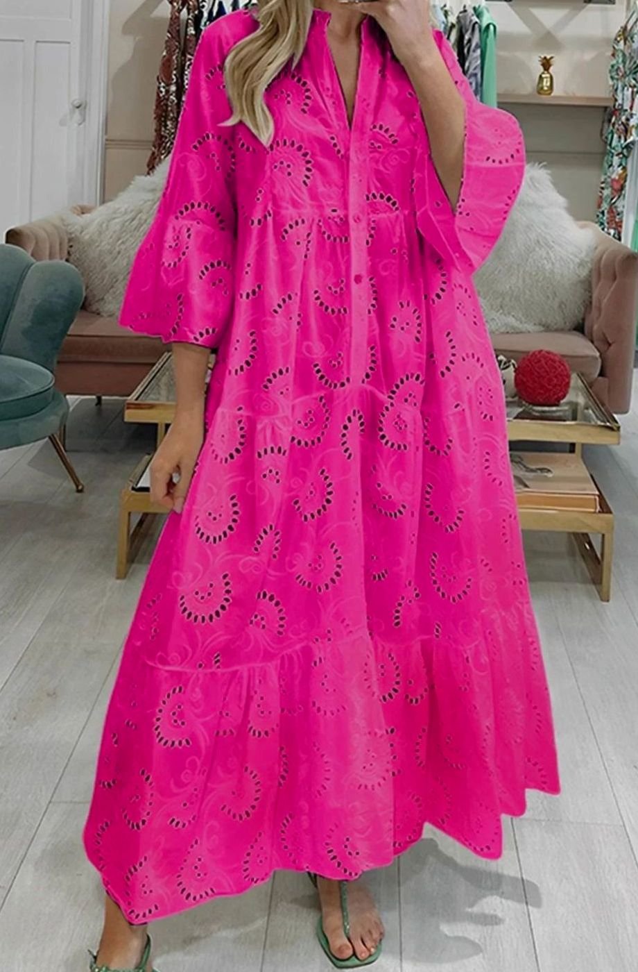 Women's Broderie Anglaise Three-Quarter Sleeve V-Neck Tiered Maxi Dress - Pink