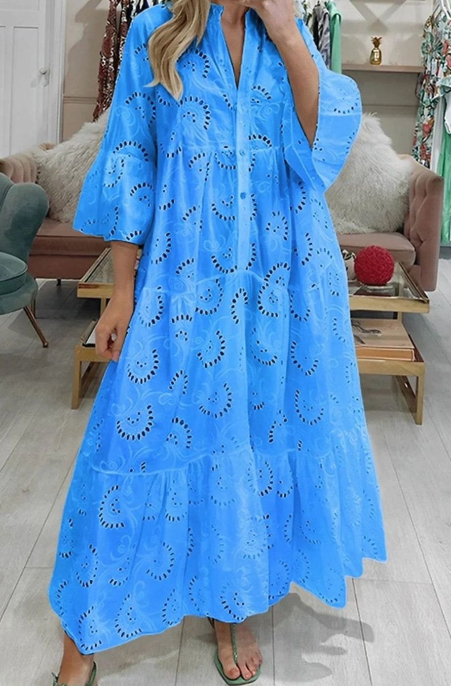 Women's Broderie Anglaise Three-Quarter Sleeve V-Neck Tiered Maxi Dress - Blue