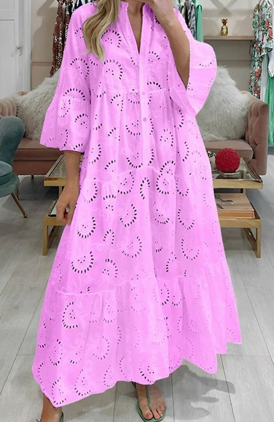 Women's Broderie Anglaise Three-Quarter Sleeve V-Neck Tiered Maxi Dress - Light Pink