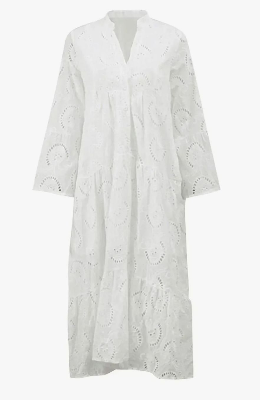 Women's Broderie Anglaise Three-Quarter Sleeve V-Neck Tiered Maxi Dress