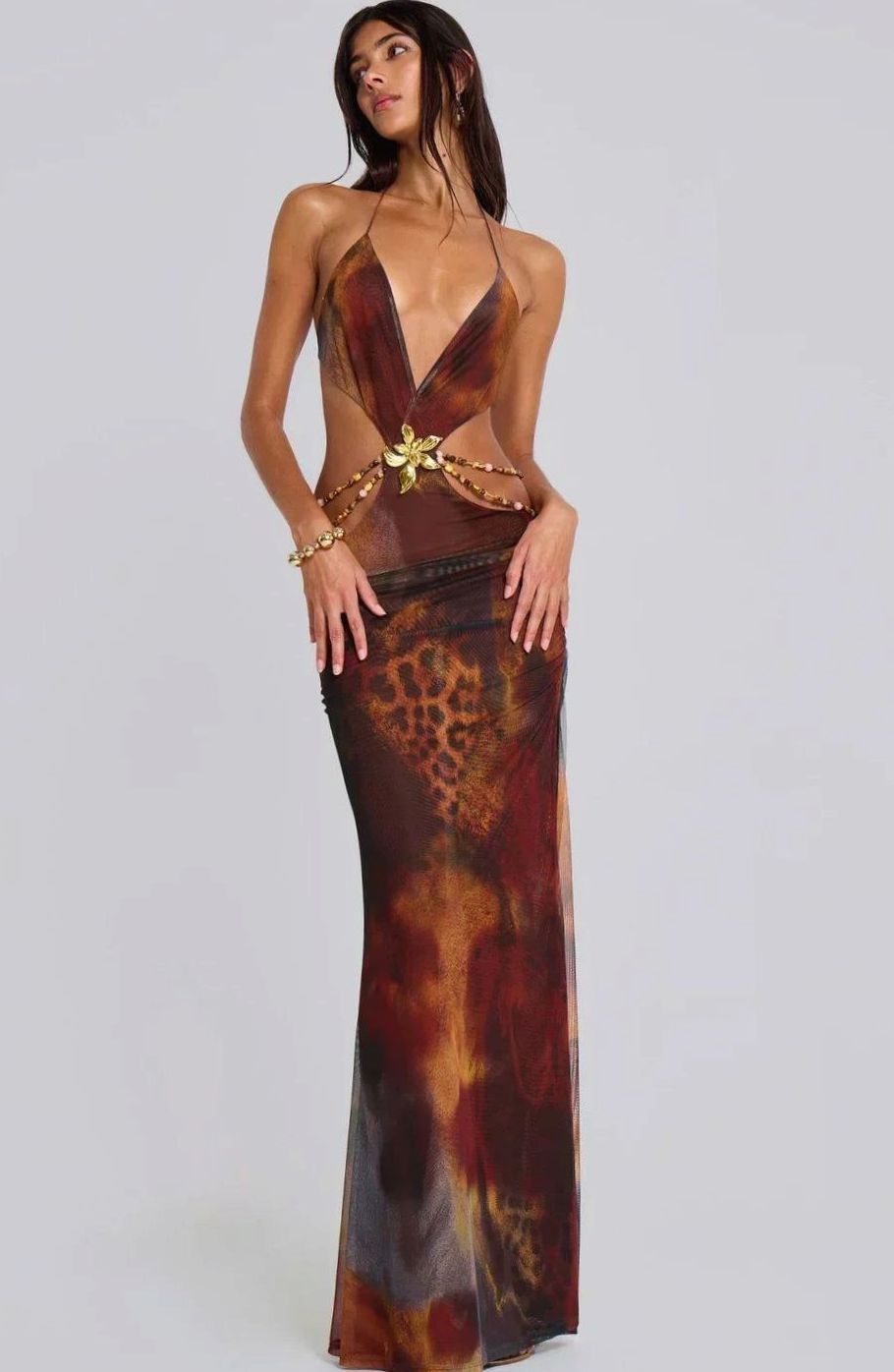 Women's Brown Leopard-Print Cut-Out Halterneck Maxi Dress